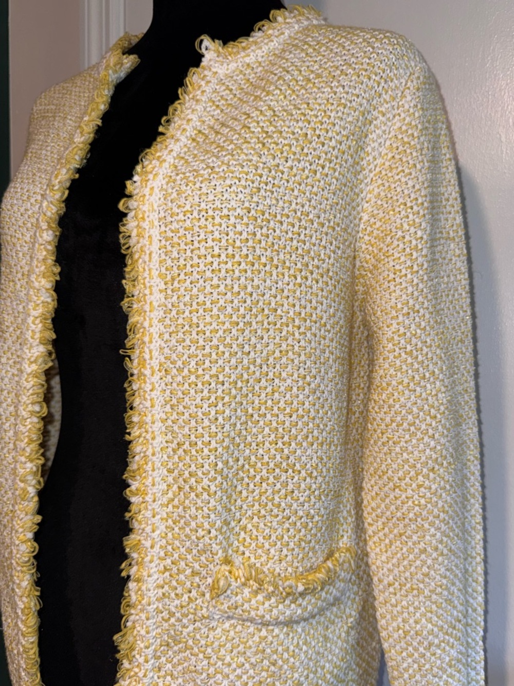 Massimo Dutti Open Front Bouclé Cardigan Yellow White Quiet Luxury Style